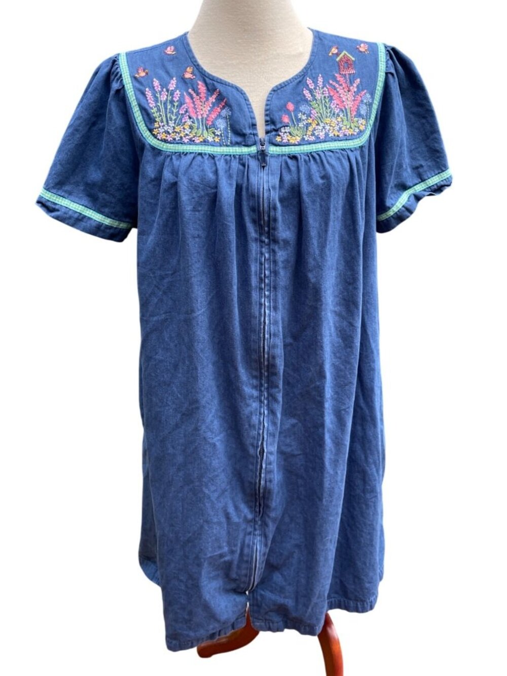 Birds Snap Dragons Blue Embroidered Floral Zip Front Dress Size Large Women